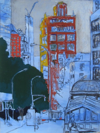 Astor Place Blue; 
2016;  charcoal oil pastel watercolor on paper, 24 x 18"